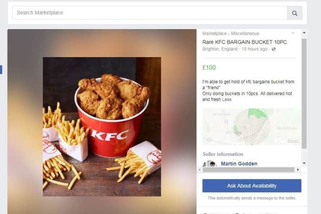 The Facebook Marketplace advert by Martin Godden, 30, from Moulsecoomb Way in Brighton, who has made Â£400 from four KFC deliveries during the shortage