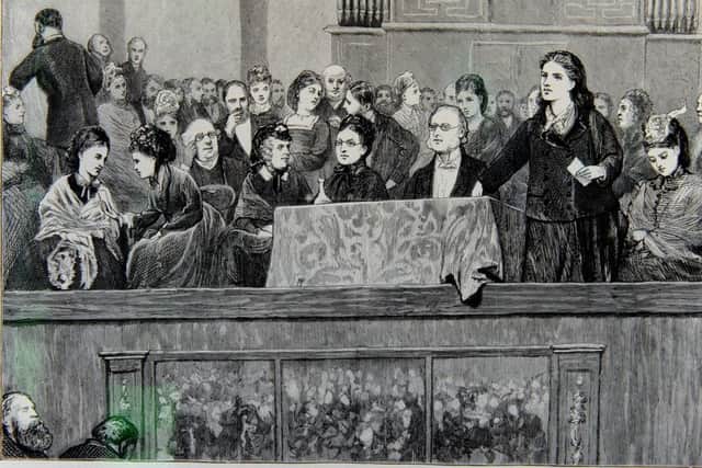 An illustration showing Rhoda Garrett addressing a meeting in London in 1872 ks180065-4