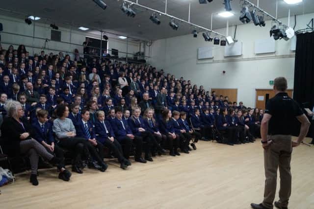 Tim's speech to Year 7 (pictured) was broadcast across the school to other students by video