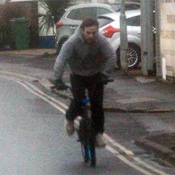Surveillance photos shows Winchester cycling away from a drop-off point in Cinque Ports Way, Hastings, having supplied the gun which had been in a bag strapped to his back on 1 March 2016. Photo courtesy of Sussex Police. SUS-180223-161852001