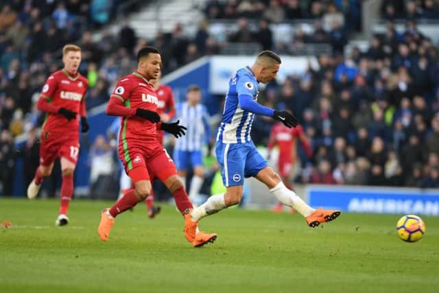 Anthony Knockaert fires home Brighton & Hove Albion's third goal against Swansea. Pictures by PW Sporting Photography
