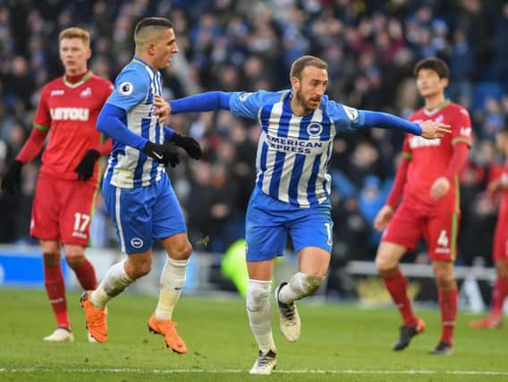 Glenn Murray celebrates his second goal against Swansea. Picture by Phil Westlake (PW Sporting Photography)