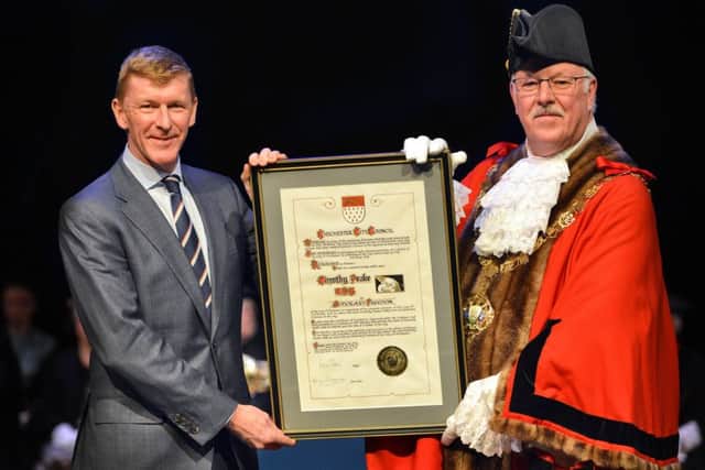 Tim Peake is presented with the Freedom of the City by Mayor of Chichester Peter Evans. Photo by Cripps Photography