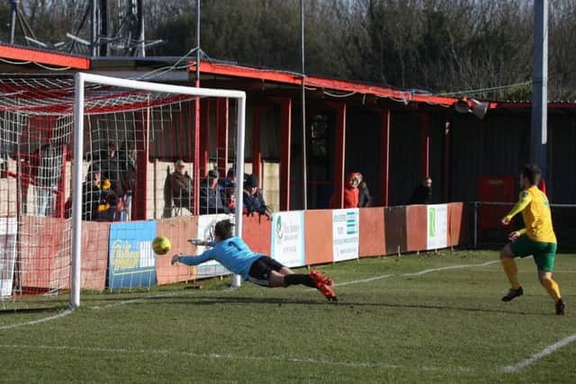 Alfie Rogers' effort gives Horsham an early lead against Hythe Town. Picture by John Lines