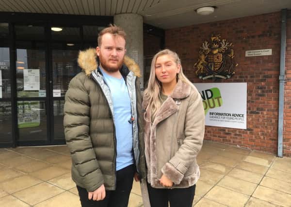 Brandyn McKenna, 21, from Durrington, with his best friend Ellie Fallon, 18, outside Crawley Coroner's Court in Centenary House, Crawley, following the inquest into the death of Caroline Devlin