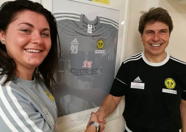 Crawley Wasps' new signing, former Brighton & Hove Albion goalkeeper Leah Samain welcomed by the club's chairman and first team manager Paul Walker SUS-180228-160432002