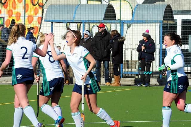 Chichester ladies celebrate a goal on the way to beating East Grinstead and clinching the title / Picture by Kate Shemilt