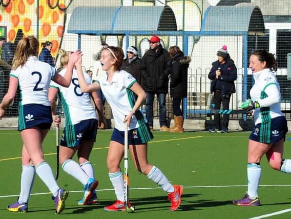 Chichester ladies celebrate a goal on the way to beating East Grinstead and clinching the title / Picture by Kate Shemilt
