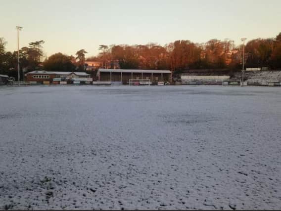 Snow covering the pitch at Hastings United - who play in the Bostik League - earlier in the week / Picture from Simon Rudkins