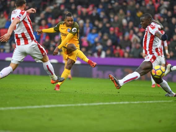 Jose Izquierdo scores against Stoke. Picture by Phil Westlake (PW Sporting Photography)