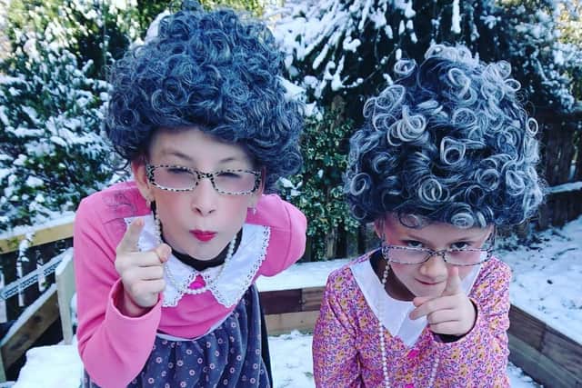 Courtney, 11, and Brooks, 7, from West St Leonard's Academy, as Gangsta Grannies