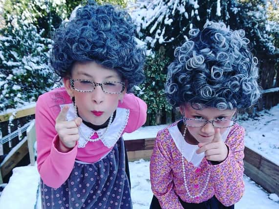 Courtney, 11, and Brooks, 7, from West St Leonard's Academy, as Gangsta Grannies
