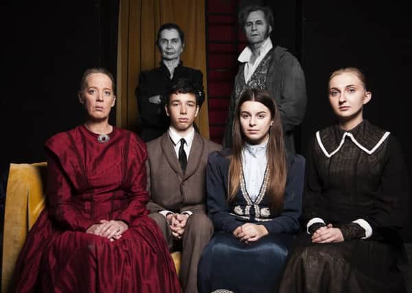 Nikki Dunsford as Miss Jessel and Andrew Wesby as Peter Quint , back, with Kate Stoner as Mrs Grose, Bertie Atkinson as Miles, Nina Hayward as Flora and Keziah Israel as Miss Grey