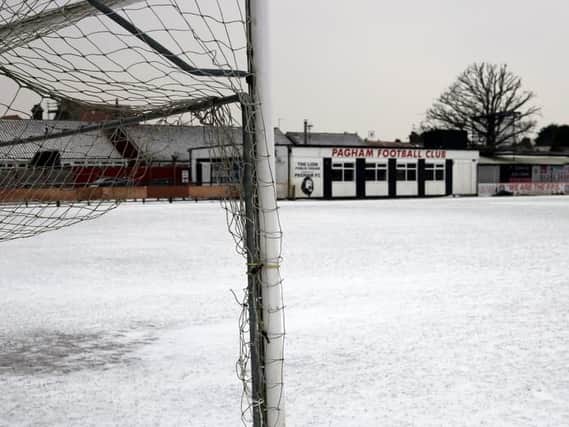Pagham's pitch under snow / Picture by Roger Smith