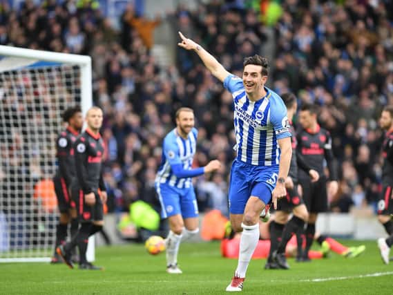 Brighton & Hove Albion captain Lewis Dunk celebrates giving his side the lead against Arsenal. Picture by PW Sporting Photography