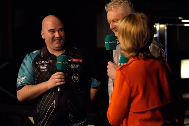 Rob Cross is all smiles during his interview with ITV4 after beating Kyle Anderson. Picture courtesy Chris Dean/PDC