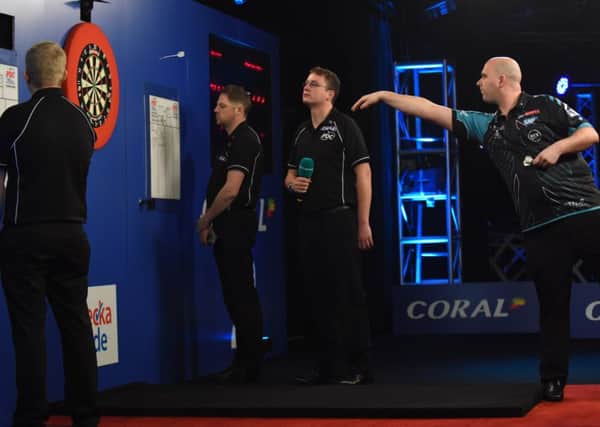 Rob Cross at the oche during his fifth round victory over Krzysztof Ratajski at the Coral UK Open. Picture courtesy Chris Dean/PDC