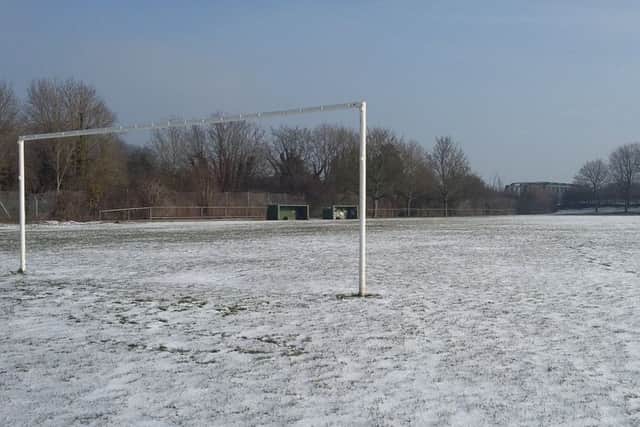 The snowy scene at The Salts, home of Rye Town Football Club, on Saturday morning.