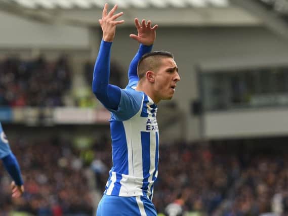 Anthony Knockaert celebrates Albion's opening goal against Arsenal. Picture by Phil Westlake (PW Sporting Photography)