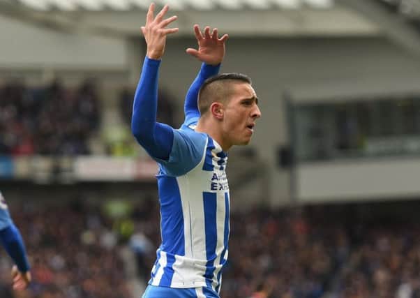 Anthony Knockaert celebrates Albion's opening goal against Arsenal. Picture by Phil Westlake (PW Sporting Photography)