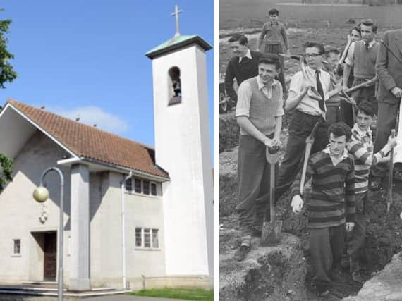 The Memorial Chapel and, right, pupils helping to dig the foundations