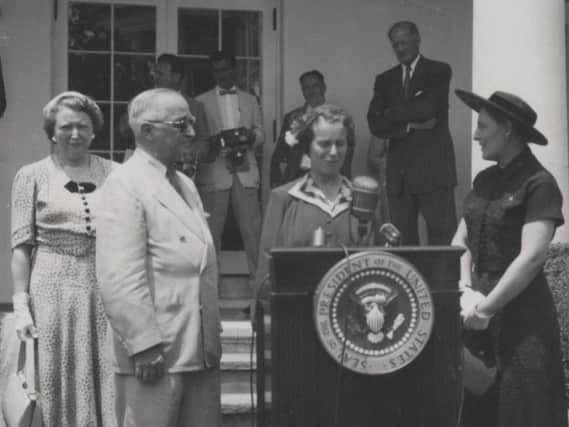 Caroline Haslett at the White House with President Truman in 1952. Photograph from an International Federation of Business and Professional Women visit to Washington. Picture courtesy of the IET Archive