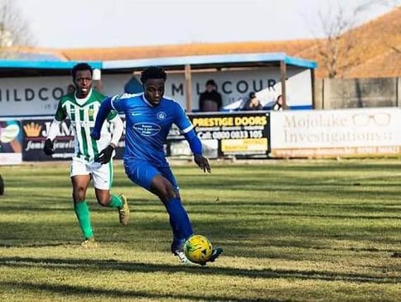Defender David Koduah conceded a penalty in Shoreham's defeat at Lewes. Picture by David Jeffery