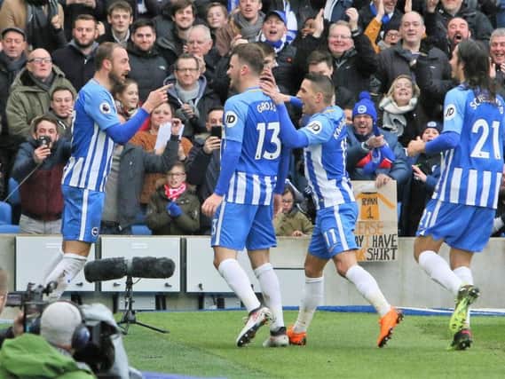 Glenn Murray celebrates scoring against Arsenal on Sunday. Picture by Phil Westlake (PW Sporting Photography)
