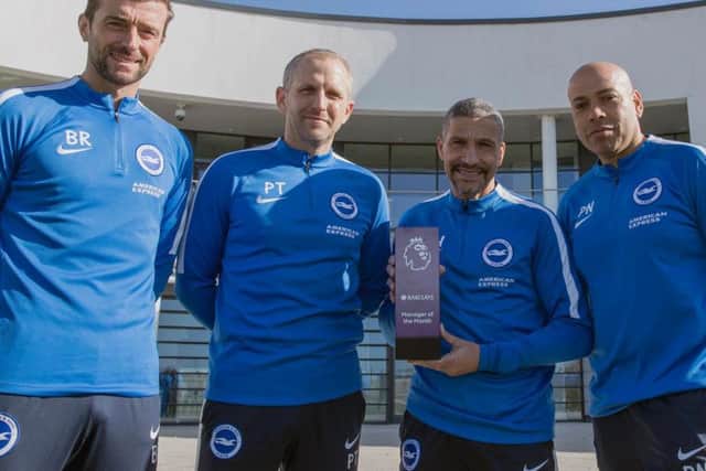 Chris Hughton pictured with goalkeeping coach Ben Roberts, assistant manager Paul Trollope and coach Paul Nevin. Picture by Paul Hazlewood/BHAFC