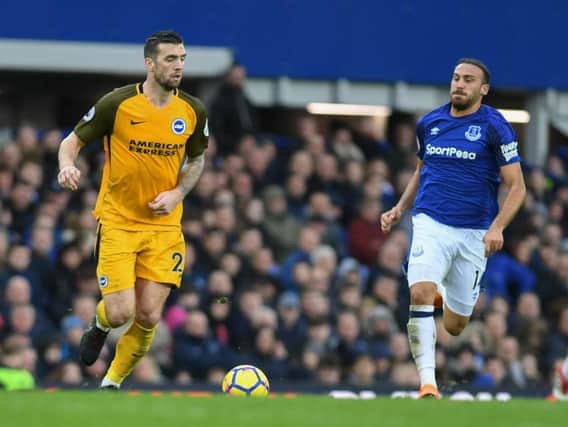 Shane Duffy on the ball at Everton yesterday. Picture by Phil Westlake (PW Sporting Photography)