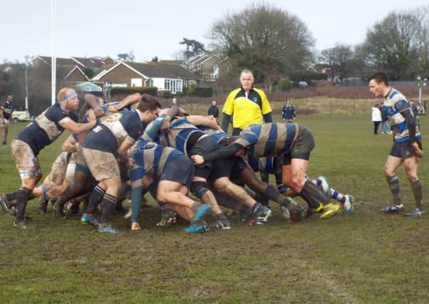 The Hastings & Bexhill forwards drive their way towards the tryline against Old Dunstonians. Picture courtesy Peter Knight