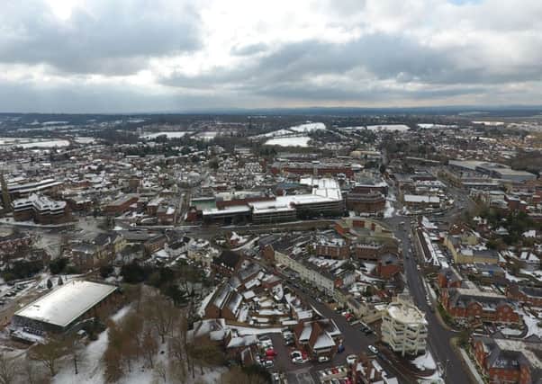 Horsham town centre in the snow, pictured 350ft up SUS-180227-132157001