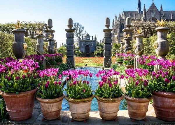 Spring flowers bloom in the gardens in the warm spring weather at Arundel Castle. Photo: Julia Claxton