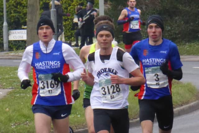 The first four finishers, plus sixth-placed Rhys Boorman, make their way towards the top of Harley Shute Road in the third mile.