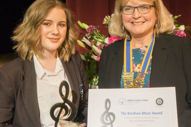 The Kershaw Music Prize being awarded to student Eeby Ball, pictured with Hazel Morley, governor