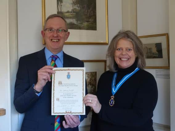 Lady Emma Barnard presenting Jeremy Knight with his High Sheriffs Award at the Horsham Museum & Art Gallery