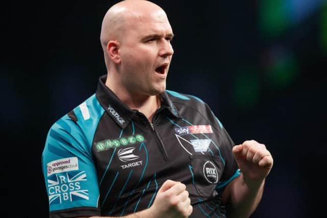 Rob Cross celebrates during his 7-1 victory over Gerwyn Price. Picture courtesy Steve Welsh/PDC