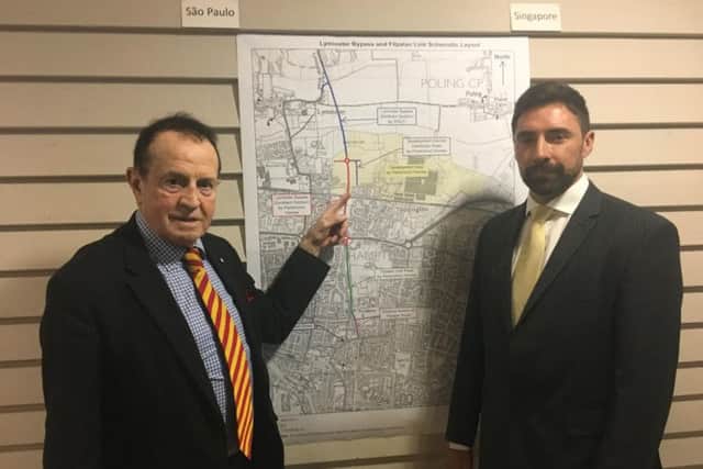 A public meeting of the North Littlehampton housing development was held in The Loft in the Body Shop headquarters. Deputy mayor of Littlehampton James Walsh with Rob Clarke from Persimmon Homes in front of a map of the proposed Lyminster Bypass map