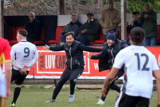 Pagham celebrate after the late drama / Picture by Roger Smith