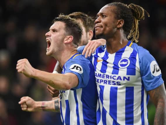 Pascal Gross celebrates scoring at the Amex during Albion's draw with Stoke. Picture by Phil Westlake (PW Sporting Photography)