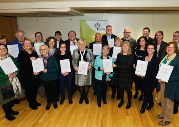 Cllr Michael Jones, with CBC Chief Executive Natalie Brahma-Pearl and representatives of Crawley's Community and Voluntary Groups at this year's grant awards