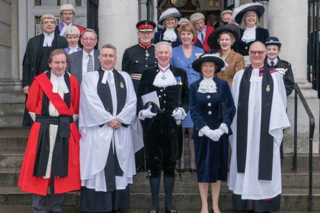 Judges, Chaplains, lord Lieutenants and  High Sheriffs on the steps at Lewes Crown Court. Photo: Andrew Mardell.