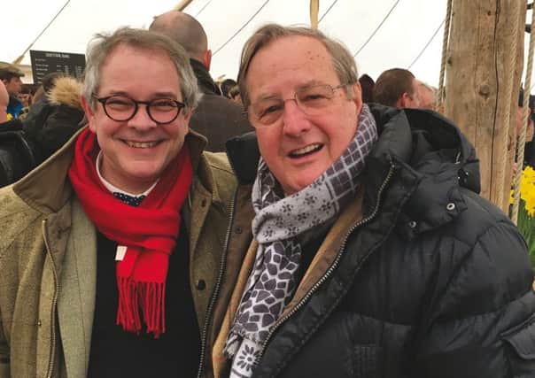 Rupert and Alan Toovey in the daffodil tent at the 76th Goodwood Members Meeting.