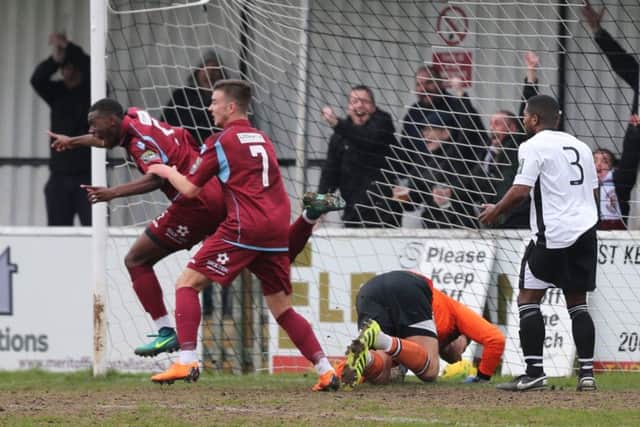 Davide Rodari (number seven) celebrates with Sinnkaye Christie after Hastings United's opening goal in last weekend's 2-1 win at Faversham Town. Picture courtesy Scott White