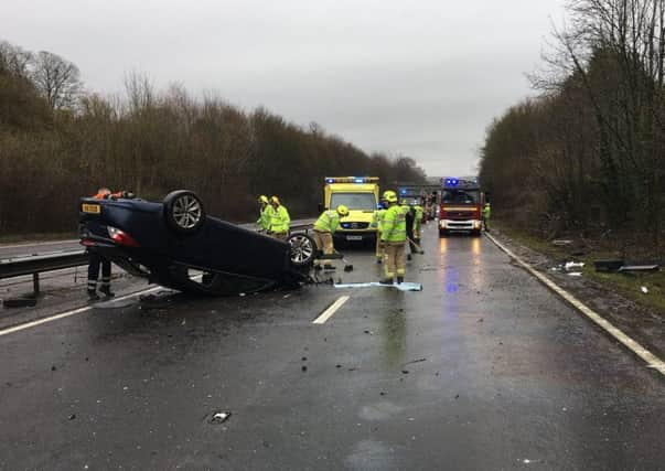 The A27 has been blocked westbound after a single vehicle road traffic collision. Picture: PC Elliott/Sussex Police
