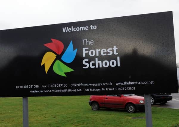JPCT 280114 S14050204x Horsham. The Forest School, sign outside -photo by Steve Cobb ENGSUS00120140128150356