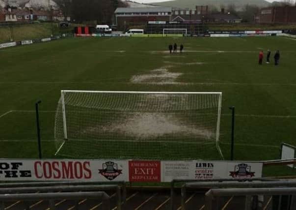 The pitch at the Dripping Pan was deemed unfit by the match officials just before 2pm, postponing the Lewes v Horsham clash. Picture by Sean Bravery