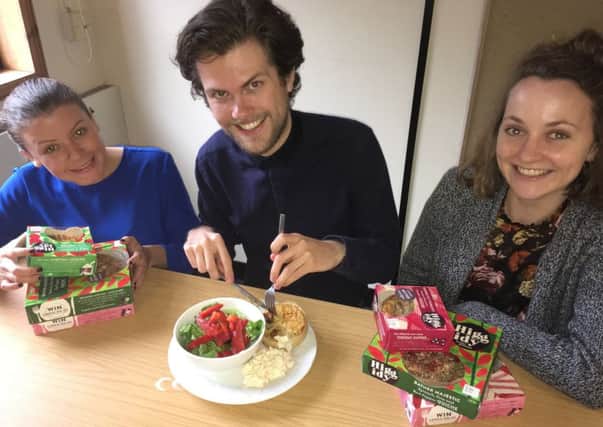 Reporters Jenny Logan, James Butler and Isabella Cipirska with some of the Higgidy quiches