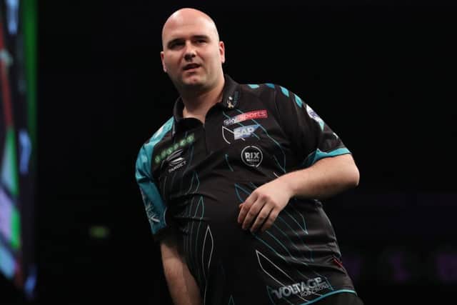 Rob Cross at the oche in Liverpool tonight. Picture courtesy Lawrence Lustig/PDC
