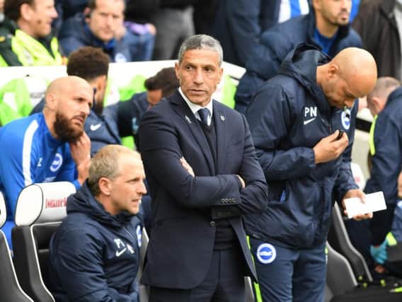 Brighton & Hove Albion manager Chris Hughton watches on against Huddersfield. Picture by PW Sporting Photography